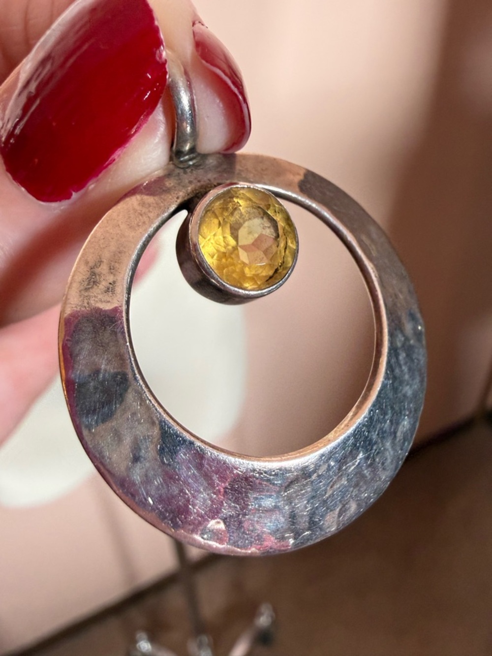 Taxco DDD Hammered Sterling Silver Citrine modernist Minimalist Pendent Necklace